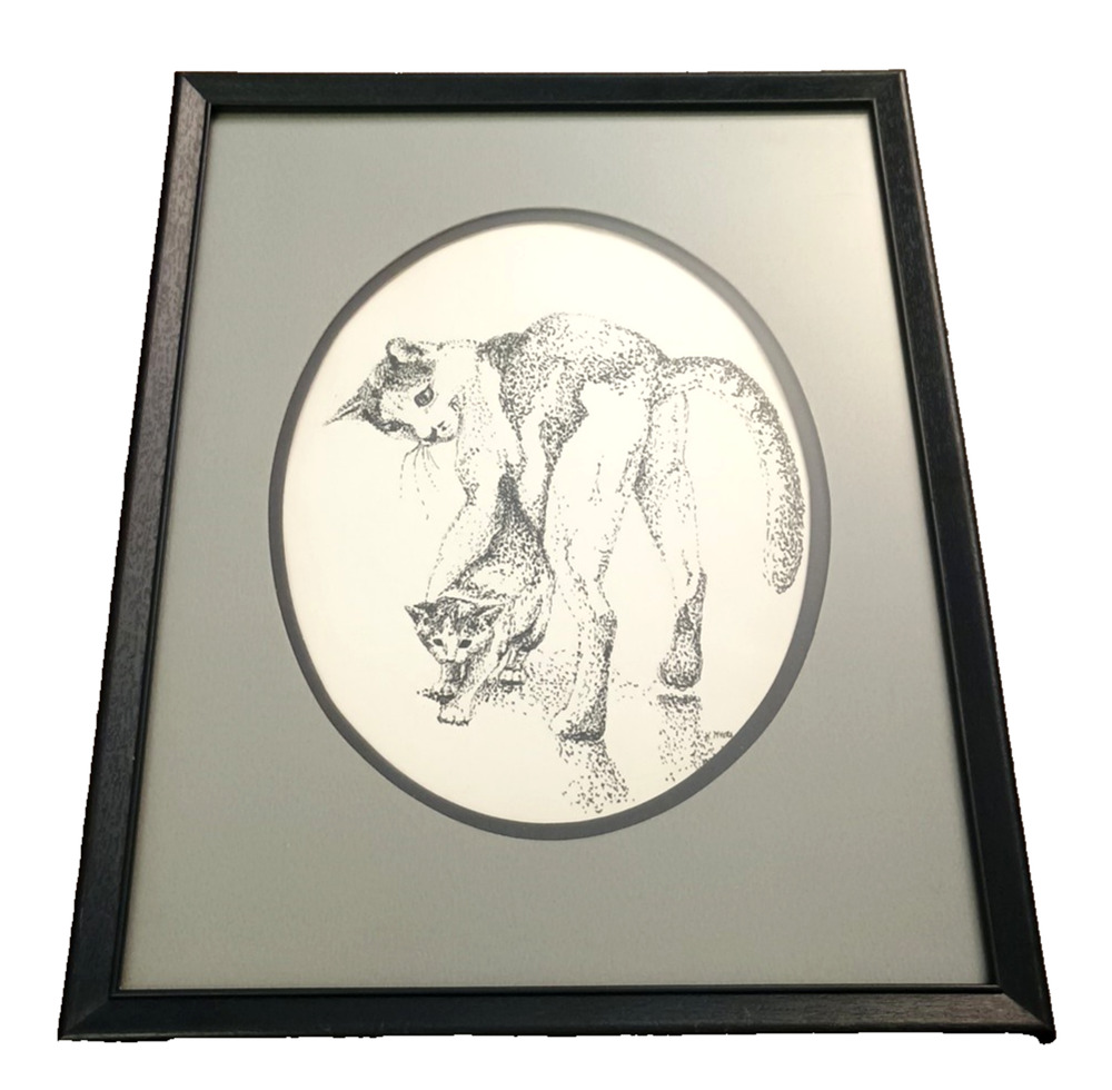 Vtg Pen & Ink Mommy Cat Baby Kitten Signed Matted Framed 14.5x11.5" Kathy Myers